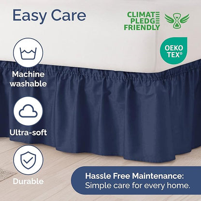 Wrap Around Dust Ruffle Bed Skirt - Navy Blue - Twin/Twin XL Size Beds with 21 Inch Drop - Elastic Strap - Adjustable Pleated Bedskirt with Brushed Fabric and Wrinkle Free - Women, Men, Kids & Teens