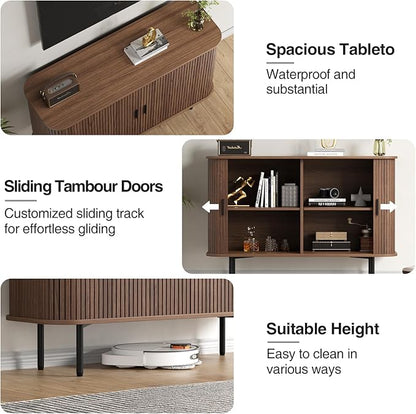 47''W x 32''H Buffet Sideboard Cabinet with Storage, Fluted Storage Accent Cabinet with Curvy Edge, Sliding Door, Credenza, Console Table for Living Room, Kitchen, Walnut