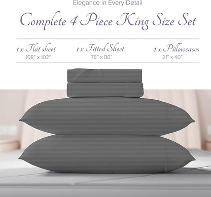 Carressa Linen Luxury Egyptian Cotton King Stripe Sheet Set, 600 Thread Count Extra Long Staple 4 PC Set, King Damask Sheets, Soft, Cooling Sateen Weave Striped Sheets Upto 18" Deep Pocket - Dark Grey