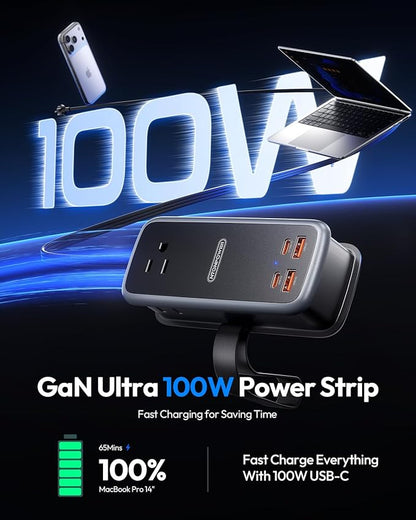 NTONPOWER 100W GAN Ultra Travel Power Strip, 7-in-1 USB C Charging Station with 3 Outlets 4 USB (2 Fast Charge)& 5FT Extension Cord, Compact Desktop Charger for MacBook, iPhone, Cruise, Office, Black