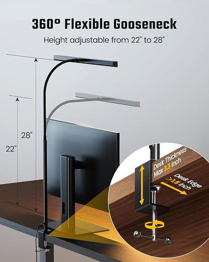 SUPERDANNY LED Desk Lamp for Office Home, Eye-Caring Desk Light with Adjustable Gooseneck, 12W Touch Control Dimmable Brightness, Architect Clamp Lamp with USB Adapter for Reading Study Workbench