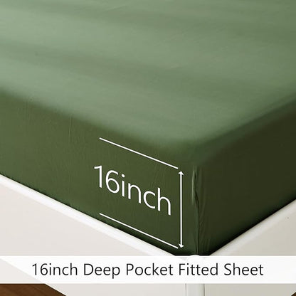 Linen World King Size 400TC Cooling Bed Sheet Set - 100% Organically Grown Viscose Sheets, Silky Soft & Breathable, Deep Pocket Fits Up to 16", 4-Piece Sheets with Pillowcases,Juniper Green