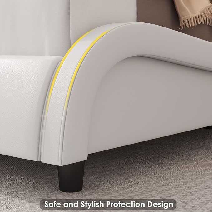 Keyluv Modern Upholstered King Bed Frame with Adjustable LED Headboard, Wave-Like Curve Design, Solid Wooden Slats Support, No Box Spring Needed, Noise Free, White