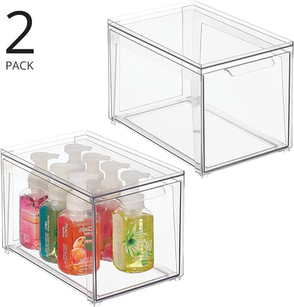 mDesign Plastic Stackable Bathroom Storage with Pull Out Bin Organizer Drawer for Cabinet, Vanity, Shelf, Cupboard, Cabinet, or Closet Organization - Lumiere Collection - 2 Pack - Clear