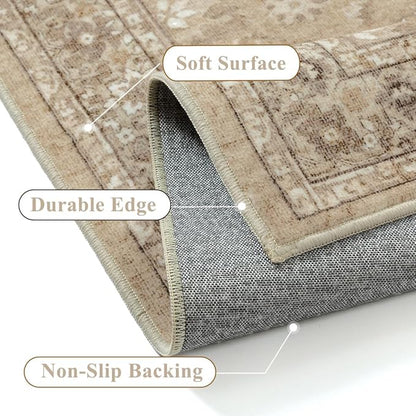 5x7 Brown Area Rug Non Slip Vintage Living Room Distressed Machine Washable Carpet Retro Indoor Bedroom Floral Traditional Accent Throw Rug for Office Kitchen Dorm Dining Room