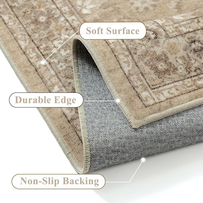 2x8 Brown Runner Rug Hallway Non Slip Kitchen Vintage Distressed Long Carpet Indoor Machine Washable Traditional Floral Bedroom Accent Throw Rug for Office Laundry Bathroom Dining Living Room