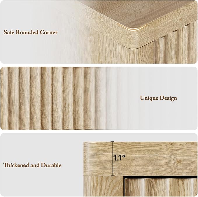 Night Stand with 3 Drawers, 23" Wide Modern Bedside Table with Large Storage, Fluted Bed Side End Table with Metal Handle, Tall Nightstand for Bedroom, Living Room, Office, Nature, Set of 2