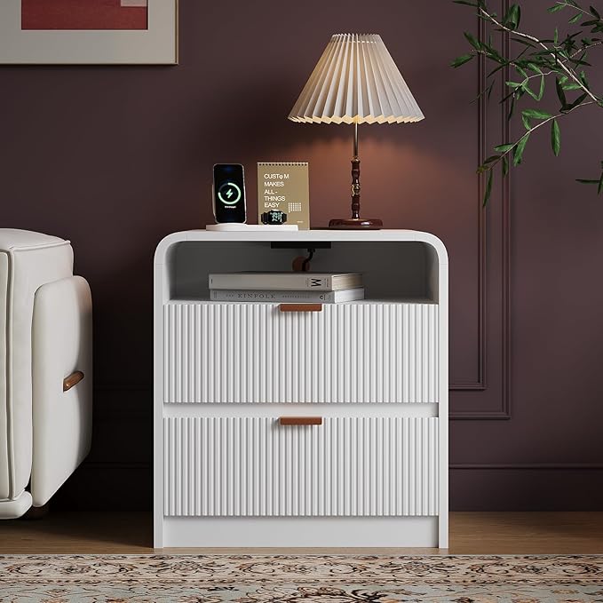 FURSUN 24" Fluted Nightstand Set of 2 with Charging Station, Wooden End Table with 2 Drawers Storage, Curved Profile Design, Modern Bedside Cabinet for Bedroom, White