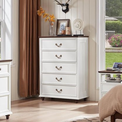 Farmhouse 5 Drawer Dresser for Bedroom, 45" Tall Rustic Chests of Drawers w/ 4 Solid Wood Feet, Mid Century Modern Wooden Closet Storage Dressers Organizer for Living Room, Hallway, White