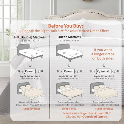 KASENTEX Queen Quilt Set 90"x90" – Soft Washed 3-Layer Lightweight Bedspread, Minimalist Nordic Design, All-Season Spring & Summer Quilt Set (1 Quilt + 2 Pillow Shams), Gull
