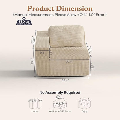 40" Modular Upholstered Foam Couch, Upholstered Floor Sofa Couch with Pillow, Single Sofa for Bedroom Living Room, No Assembly Required (Corduroy Fabric, Beige)