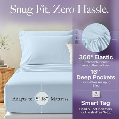Carressa Linen Luxury Egyptian Cotton 4 PC Queen Size Sheet Set - 600 Thread Count Deep Pocket Fitted and Flat Sheets, Soft, Cooling Extra Long Staple Hotel Bedding with Sateen Weave, Sky Blue