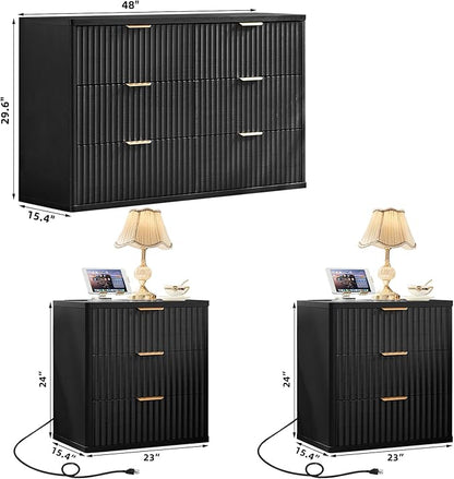 LEYAOYAO 48" Wide Fluted Dresser and 3 Drawers 23" Nightstand Set of 2, Wooden Dresser & Night Stand with Charging Station, 3 Piece Bedroom Furniture Set, Wood Chest of Drawer for Living Room,Black