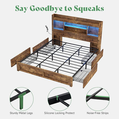 AMERLIFE King Size Bed Frame with 4 Storage Drawer & 2 Slide Bedside Table, Wood Bed Frame with 49.6" Tall Bookcase Headboard, LED Platform Bed with Charging Station, No Box Spring Needed/Rustic Brown