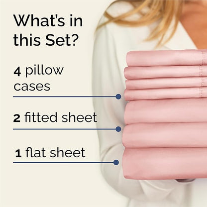 Split King 7 Piece Sheet Set - Cooling & Breathable - Hotel Luxury Bedding, Includes Fitted Sheets for Women, Men, Kids & Teens - 1 Flat, 2 Fitted Sheets, 4 Pillowcases with Deep Pockets - Baby Pink