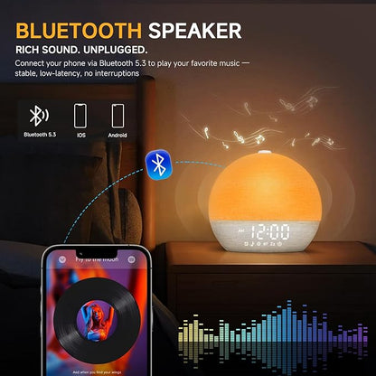 Sunrise Alarm Clock White Noise Sound Machine for Bedroom | Natural Wake-Up Light with 30 Soothing Sleep Aids, Bluetooth Speaker, Dimmable Clock, Screen-Free Design for Baby Adults Kids-White