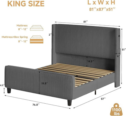 King Size Bed Frame with Headboard, Upholstered Platform Bed with Tall Wingback Headboard & Footboard, Corduroy Bed Frames with USB Ports, Easy Assembly, Grey
