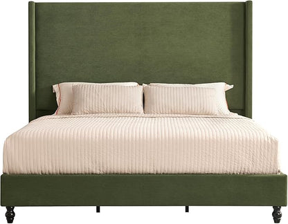 Queen Bed Frame with 63" Tall Headboard, Horizontal Fine Corduroy Bed Frame with Wingback, Upholstered Platform Bed, Vintage Solid Wood Gourd Legs, No Box Spring Needed, Green