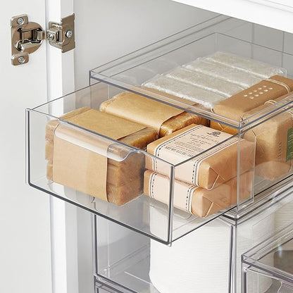 mDesign Plastic Stackable Bathroom Storage Organizer Bin Containers with Front Pull Drawer for Bathroom Countertop, Vanity, Closet Shelves - Holder for Beauty Accessories - Lumiere Collection - Clear