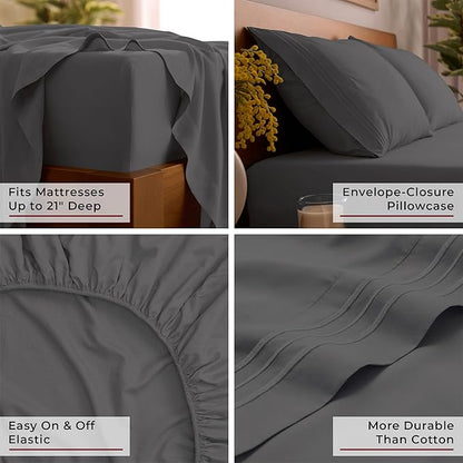 Mellanni Queen Sheet Set - 6-Piece Iconic Collection Bedding, (Including 4 Pillowcases), 21-Inch Extra Deep Pocket, Easy Care, Ultra Soft, Cooling Sheets, Brushed Microfiber - Gray