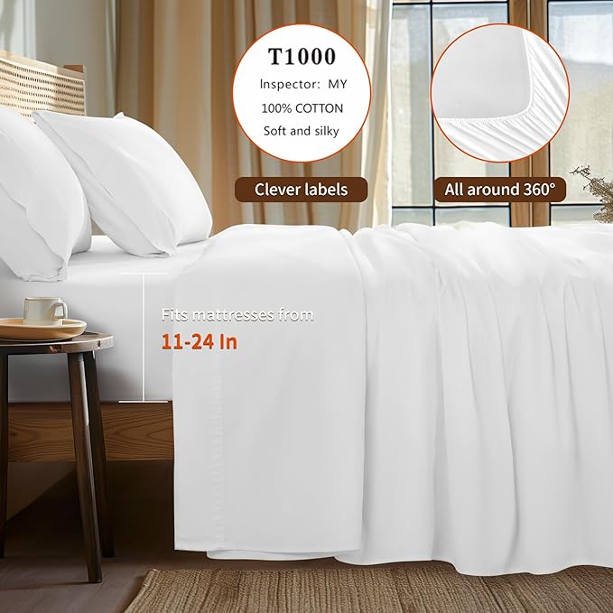 LBRO2M 100% Cotton Sheets Set Deep Pocket 24", 1000 Thread Count King Size 4 Piece Bed Sheet Sets Soft Comfortable Bedding All Season (King, White)