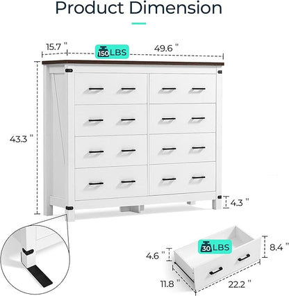 LINSY HOME Farmhouse 8 Drawer Double Dresser for Bedroom, 50” Wide Rustic Wood Chest with Deep Drawers, Modern Dressers with Storage and Metal Handles for Closet, Living Room, Hallway, Off White