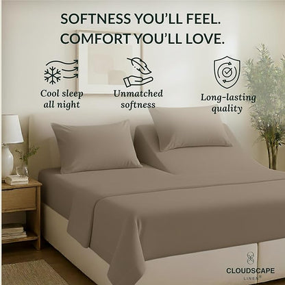 Cloud Scape Linen 100% Egyptian Cotton Split King Sheet Set for Adjustable Bed,400 Thread Count, 5 Pcs Bedding Set, Soft, Breathable and Durable, Deep Pockets up to 17, Taupe