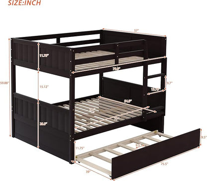 Upgraded Version Best Full Over Full Bunk Bed with Trundle, Thicken Solid Wood Full Size Bunk Bed, Bunkbed Frame Full Over Full, Convertible to 2 Beds, Easy Assembly for Adults (Espresso)