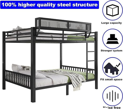 Upgraded Version Thicken Metal Heavy-Duty Queen Over Queen Bunk Bed with Storage Shelf, Best Modern Style Stronger Queen Size Bunk Bed with Ladder for Adults, Easy Assembly (Queen+Storage Shelf)