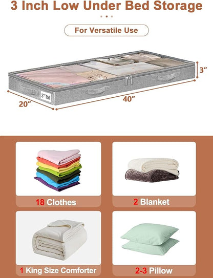 3 Inch Low Profile Under Bed Storage Bins with NO STURCTURE Design, Shallow Clothes Storage Bags with Clear Lids & Waterproof Fabric - Fits Under Sofa, Couch, Dorm, or College Beds，40x20x3inch，Grey