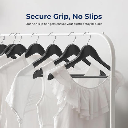 SereneLife 20-Pack Premium Wooden Hangers for Suits, Coats, Dresses & More – Heavy-Duty Black Wood Hanger Set with 360° Swivel Chrome Hook, Non-Slip Notches & Pants Bar – Space-Saving Closet Organizer