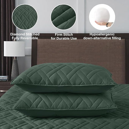 HORIMOTE HOME Quilt Set Twin Size Dark Green, Classic Geometric Diamond Stitched Pattern, Ultra Soft Microfiber Lightweight Bedding Set Bedspread Coverlet for All Season with 1 Quilt 1 Pillow Sham