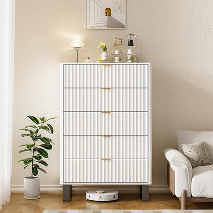 Fluted 5 Drawers Dresser, 48" H Modern Country Storage Dressers with Brushed Metal Handles, Wood Storage Organizers for Living Room, Hallway, White