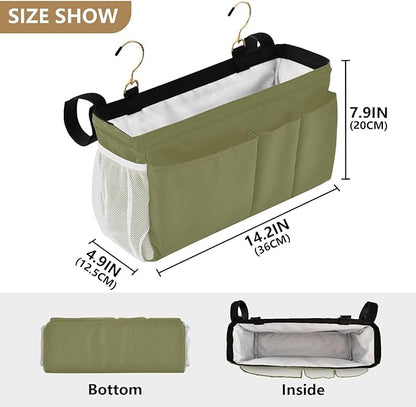 Olive Color Bedside Caddy Storage Bag Bedside Organizer for Dorm Room Top Bunk Bed Bedside Shelf Hanging Organizer 6 Pockets with Hooks for Glasses Book Tablet Holder