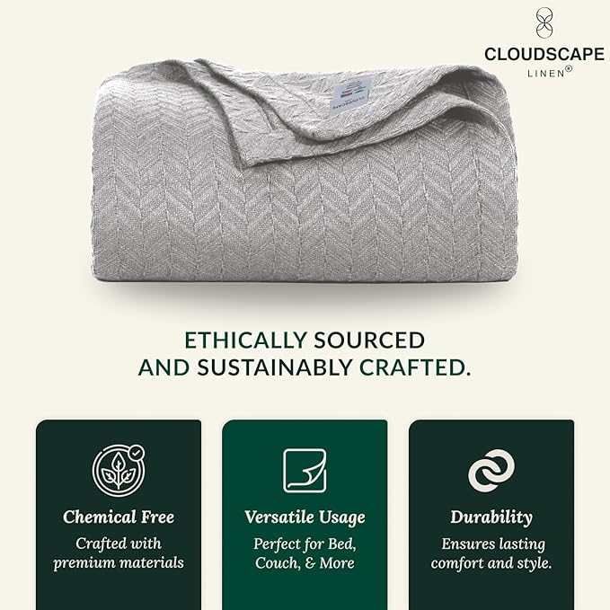 Cloud Scape Linen 100% Cotton Blanket King 92x108 Charcoal Grey - Cozy Herringbone Weave, Fits Up to Cal King Beds, Breathable Softness, All-Season Warmth, Heavy Layering Winter Blanket