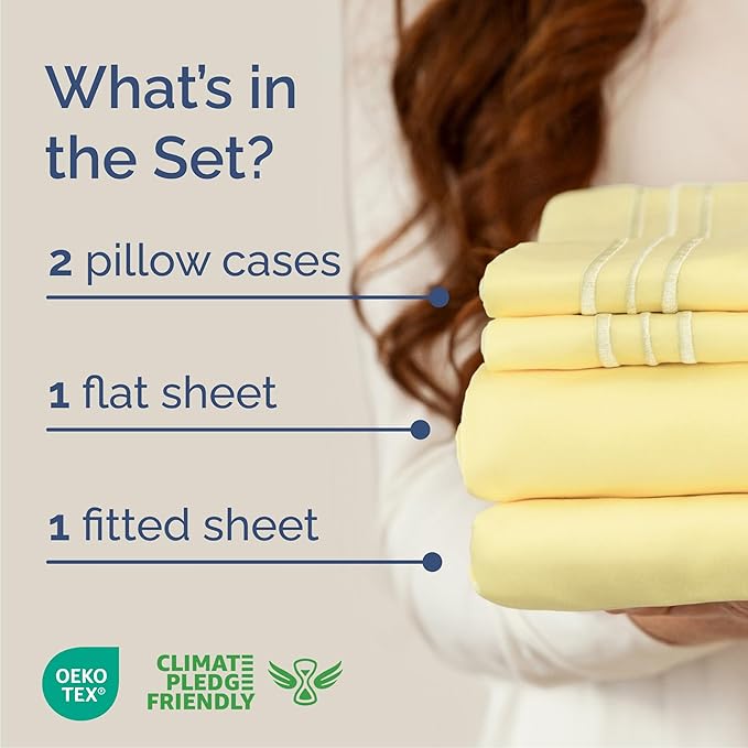 Queen Size 4 Piece Sheet Set - Comfy Breathable & Cooling Bed Sheets Set - Hotel Luxury Bedding for Women, Men, Kids, Teens, Boys & Girls - Deep Pockets, Ultra-Soft, Wrinkle Free - Oeko-Tex - Yellow