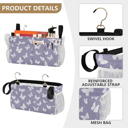 Bedside Caddy Hanging Bunk Bed Caddy Bed Organizer Hanging Pocket with 2 Hooks Bedside Storage Organizer Pocket Bag Holder White Butterfly Purple
