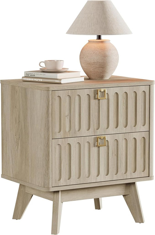 SICOTAS Modern Fluted Nightstand with 2 Drawers, 21" Wide Wood Bedside Table with Gold Handle, Mid-Century End Table for Bedroom, Apartment
