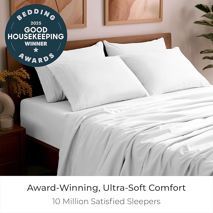 Mellanni Full Sheet Set - 6-Piece Iconic Collection Bedding, (Including 4 Pillowcases), 16-Inch Deep Pocket, Easy Care, Extra Soft, Cooling Sheets, Brushed Microfiber - White