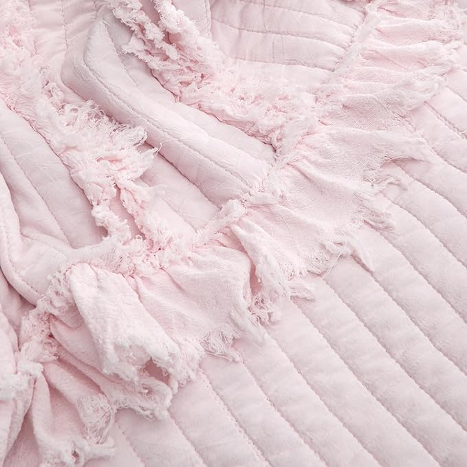 Ultra Soft Pre-Washed Quilted Boho Pink King Size Blankets for Bed, Ruffle Fringed Decorative Throw, Stone Washed Chic Rustic Blanket for Sofa Couch Bed, 104"*90"