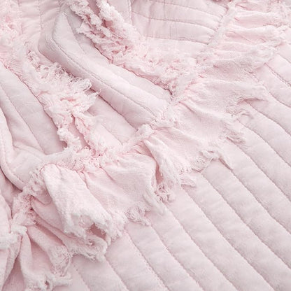 Ultra Soft Pre-Washed Quilted Boho Pink King Size Blankets for Bed, Ruffle Fringed Decorative Throw, Stone Washed Chic Rustic Blanket for Sofa Couch Bed, 104"*90"