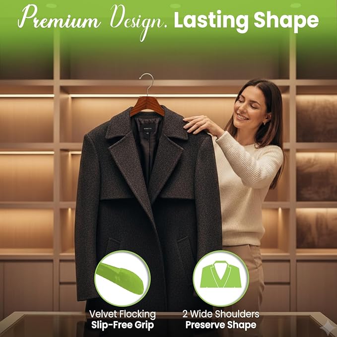 Premium Luxe Wooden Hangers for Women, Wide Shoulder Design for Dresses, Skirts, Sweaters & Blouses, Heavy Duty with Velvet Grip, High Gloss Brown with Brown Velvet, 12 pcs