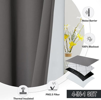RYB HOME Noise Reducing Barrier for Bedroom, Totally Blackout Drapes Energy Smart Window Treatment Anti Dust Divider Curtains PM2.5 Pollen Smog Filtering, Grey, W52 x L90 inch, 2 Panel