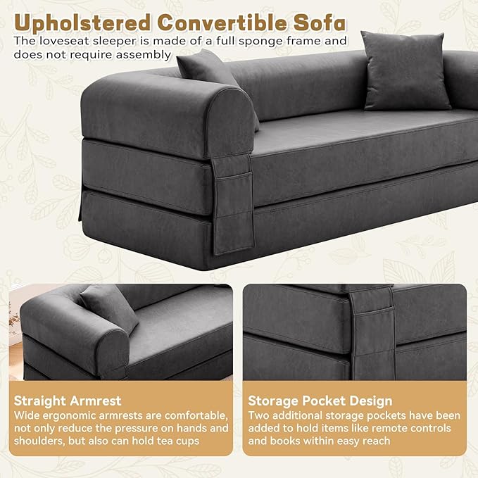 Convertible Folding Sofa Bed,78.5 Inch Faux Leather Futon Couch with Pillows & Storage Pocket,5-in-1 Queen Sleeper Sofa in a Box with Pull Out Bed,Boneless Couch for Living Room Bedroom,Gray