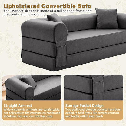 Convertible Folding Sofa Bed,78.5 Inch Faux Leather Futon Couch with Pillows & Storage Pocket,5-in-1 Queen Sleeper Sofa in a Box with Pull Out Bed,Boneless Couch for Living Room Bedroom,Gray