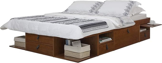 memomad Bali Storage Platform Bed with Drawers (Queen Size, Caramel Brown Wood)