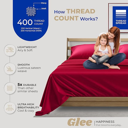 THREAD SPREAD 400 Thread Count King Cotton Sheets - 4 PC King Size Bed Sheet Set Cotton (Cherry Red), Soft, Cooling, Hotel-Quality 16" Deep Pocket Sateen Bedsheet for Hot Sleepers (Fits 18" Mattress)