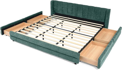 DEINPPA King Size Bed Frame with 4 Storage Drawers and Cloud Soft Headboard, Chenille Upholstered Grounded Wood Base Bed Frame, No Box Spring Needed-Blue+Green