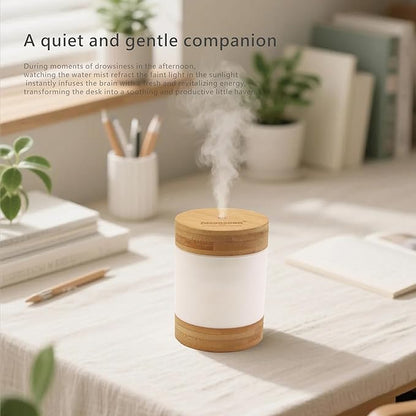 Bamboo Ultrasonic Mini Humidifier, 400ml Quiet Desktop Humidifier with Dual LED Night Light, USB-C Powered, Auto Shut-Off, Portable Small Room Air Moisturizer for Bedroom, Desk, Office & Travel