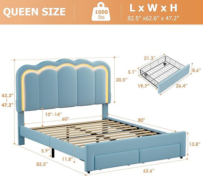 Velvet Upholstered Queen LED Bed Frame with 2 Storage Drawers and Adjustable Chic Double Wavy Headboard, Princess Platform Bed with Charing Station, Solid Wood Slats Support,No Box Spring Needed,Blue